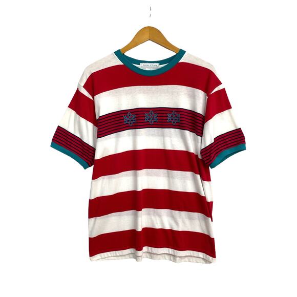 Izod Club T-shirt Women's Large Red White Striped Short Sleeve Tee Snowflakes - Picture 1 of 8